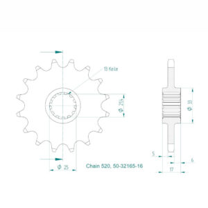 Pignon - 520 - 16 Dents - Made in Germany - Similaire JTF1381