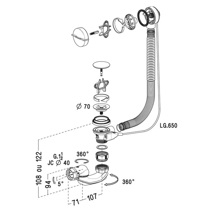 Vidage de baignoire à câble - NICOLL - Easybain Wave - Pré-assemblé - L.650mm - Nicoll – Image 2