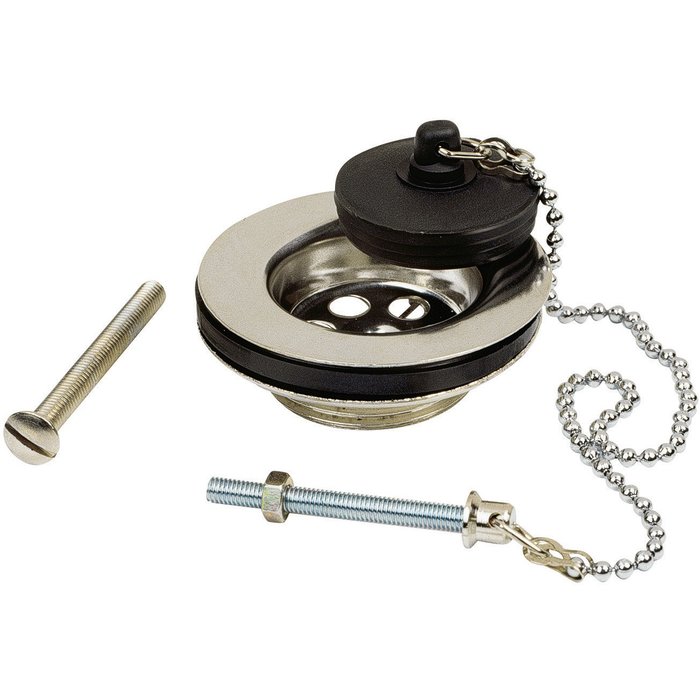 Bonde à bouchon – Ø65 mm – 1"1/4 – Grille inox – Corps laiton – Avec chaînette – Débit 36 l/min