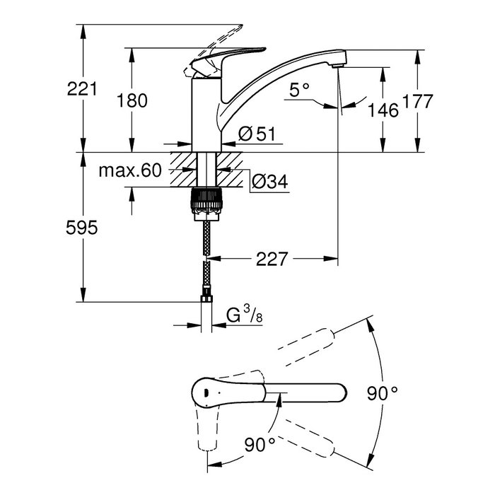 Mitigeur évier - GROHE - Eurosmart - Monotrou sur plage - Débit 9,5 l/min - Grohe PRO – Image 2