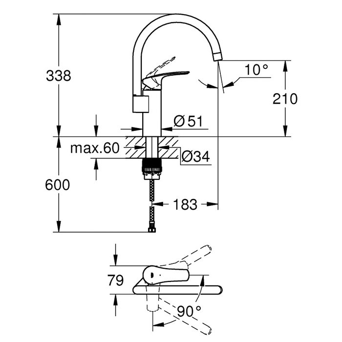 Mitigeur évier - GROHE - Eurosmart - Bec haut - Débit 11,5 l/min - Grohe PRO – Image 2