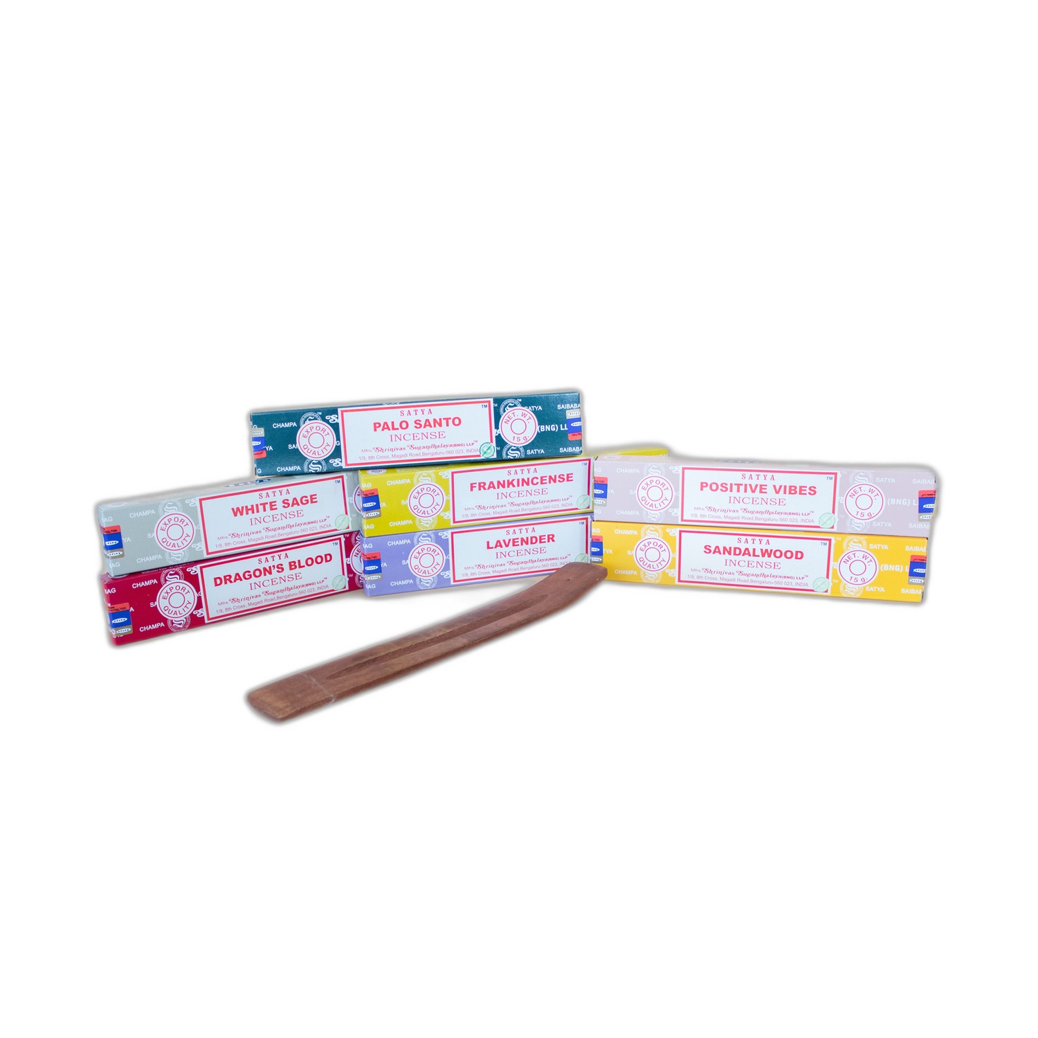 Ensemble de démarrage de bâtons d'encens Satya (7 parfums + porte-encens en bois de manguier)- Vendu par 1