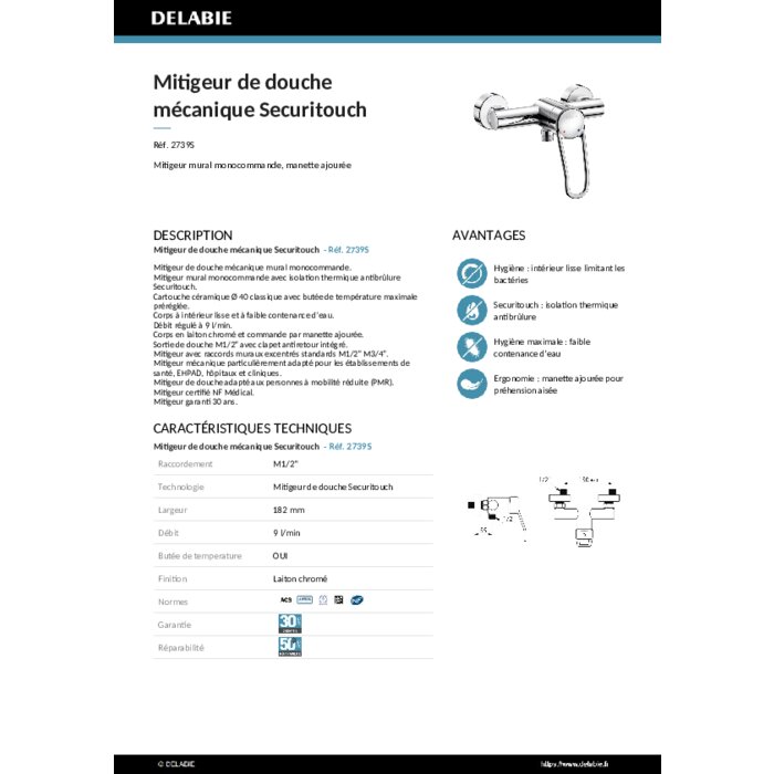Mitigeur de douche - DELABIE - Securitouch - Débit 9l/min - Delabie – Image 3