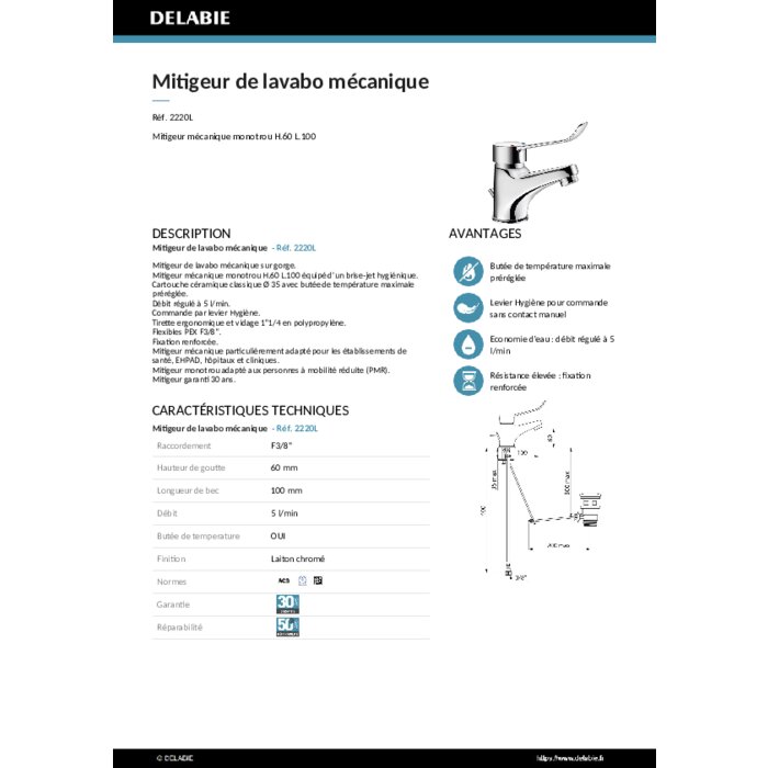 Mitigeur de lavabo hospitalier - DELABIE - Mécanique - Débit 5l/min - Delabie – Image 2