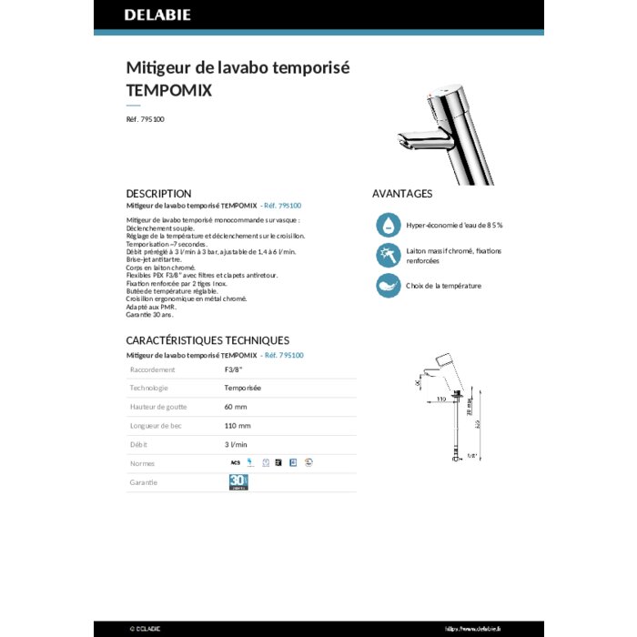 Mitigeur lavabo temporisé - Tempomix - DELABIE - 3 l/min - Delabie – Image 2