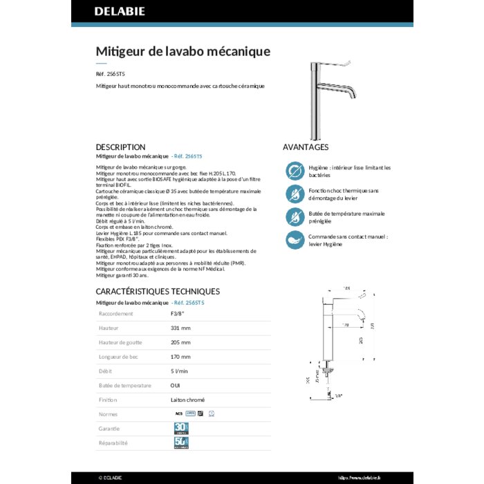 Mitigeur de lavabo - DELABIE - h 205 mm - 5 l/min - Delabie – Image 2