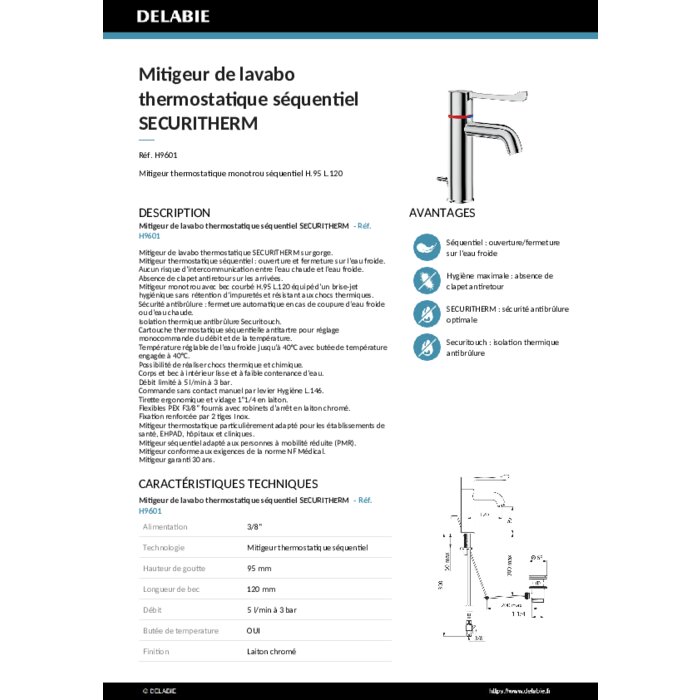 Mitigeur thermostatique - Securitherm - DELABIE - h 95 mm - 5 l/min - Delabie – Image 2