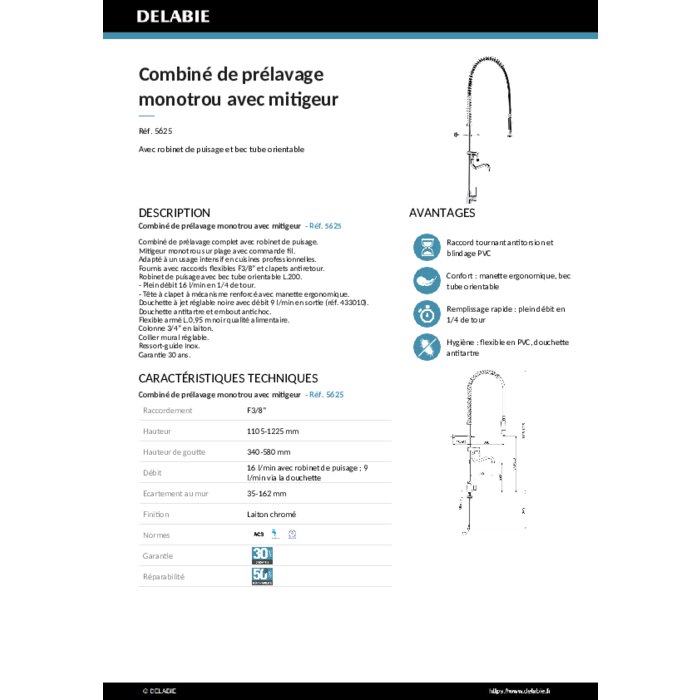Combiné de prélavage monotrou avec mitigeur - DELABIE - 16 l/min en 1/4 de tour - Delabie – Image 2