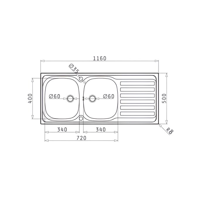 Evier à encastrer - NORD INOX - Derby - Deux cuve - 1160x500mm - NORD INOX – Image 2