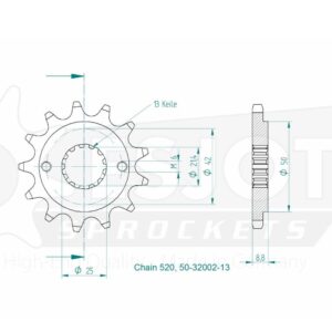 Pignon TT Kawasaki - 520 - 13 Dents - Made in Germany - Equivalent JTF516 - KLX 250 SF