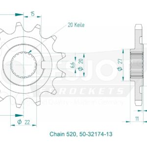 Pignon TT Sherco 20 Cannelures - 520 - 13 Dents - Made in Germany
