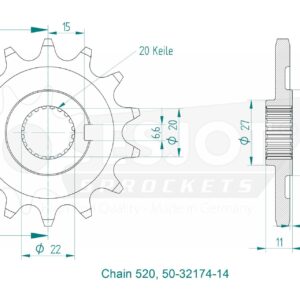 Pignon TT Sherco 20 Cannelures - 520 - 14 Dents - Made in Germany