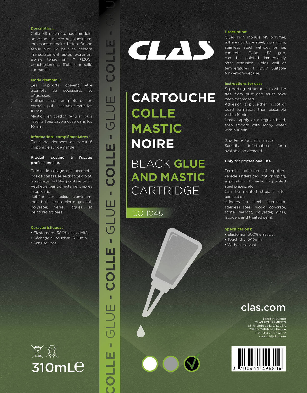 Cartouche colle mastic noire 310ml - CO 1048 - CLAS Equipements – Image 2