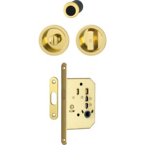 Set serrure à condamnation et rosace cuvette ronde pour porte coulissante intérieure avec manœuvres - aluminium aspect laiton poli - HOPPE - 460685