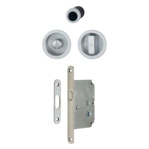 Set serrure à condamnation et rosace cuvette ronde pour porte coulissante intérieure avec manœuvres - aluminium aspect chromé satiné - HOPPE - 460678