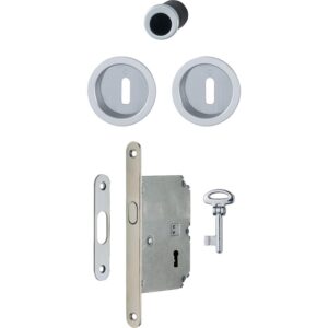 Set serrure de porte coulissante à larder clé L et rosace cuvette ronde - finition chromé satiné - HOPPE - 497645