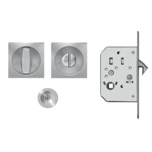 Set serrure à larder et rosace cuvette carrée pour porte coulissante avec manœuvres de condamnation - usinage Ø 48 mm - inox satiné - Karcher design - 100900