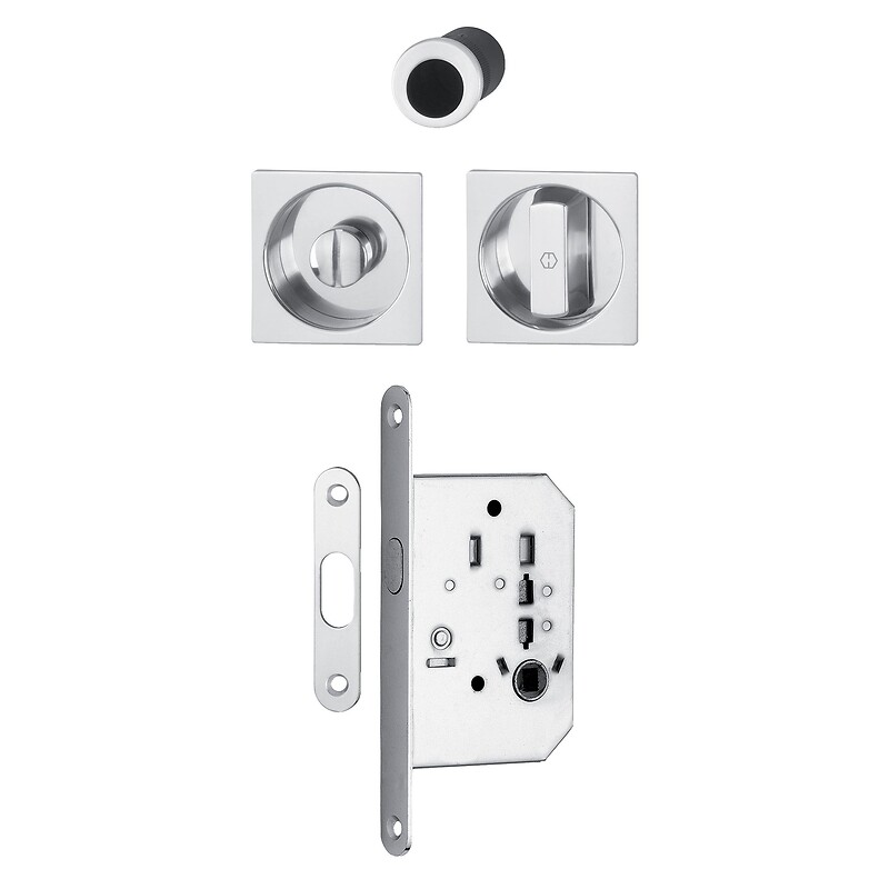 Set serrure à condamnation pour porte coulissante intérieure avec rosaces cuvette carrées - aluminium aspect chromé satiné - HOPPE - 460720 – Image 2