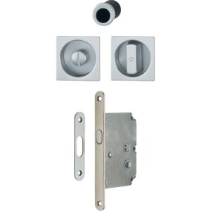 Set serrure à condamnation pour porte coulissante intérieure avec rosaces cuvette carrées - aluminium aspect chromé satiné - HOPPE - 460720
