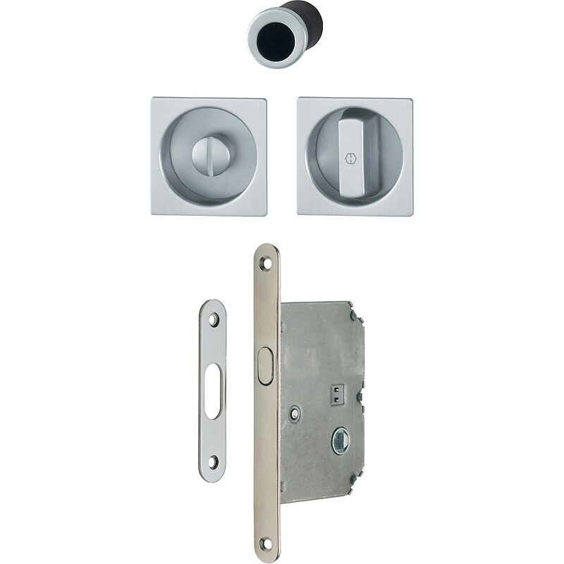 Set serrure à condamnation pour porte coulissante intérieure avec rosaces cuvette carrées - aluminium aspect chromé satiné - HOPPE - 460720