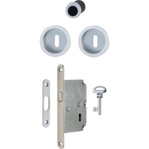 Set serrure de porte coulissante à larder clé L et rosace cuvette ronde - finition argent - HOPPE - 497638