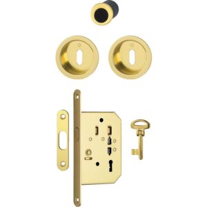 Set serrure de porte coulissante à larder clé L et rosace cuvette ronde - finition aspect laiton poli - HOPPE - 497652