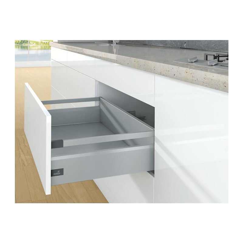 Kit complet tiroir ArciTech à casseroles avec tringles profil H126mm paroi arrière H186mm coloris argenté longueur 350mm - HETTICH - 428037