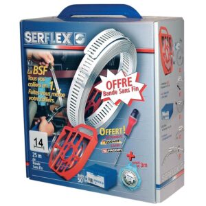 Coffret de colliers de serrage acier à bande ajourée sans fin largeur 8 mm longueur 25 m et 50 têtes - SERFLEX - 592054