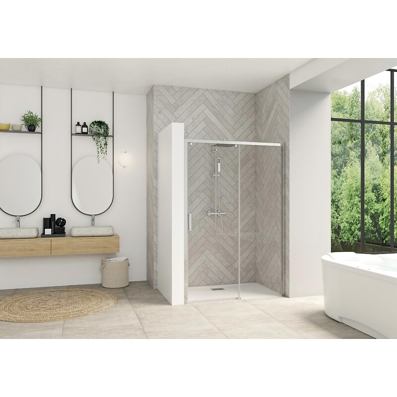 Paroi de douche coulissante 2 panneaux sans seuil Smart Design 140 cm - version droite - chromé et verre transparent - KINEDO - 125435