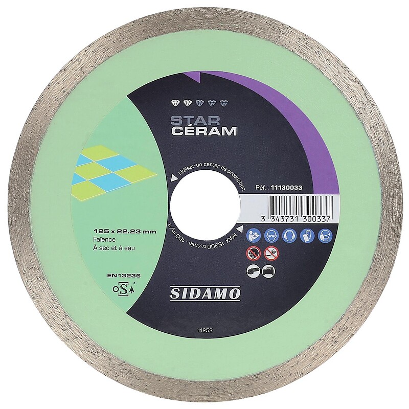 Disques diamants jante continue matériaux de décoration Star Céram diamètre 125 mm, épaisseur 1,6 mm, alésage 22,2 mm - SIDAMO - 565496