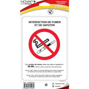 Panneau d'interdiction de fumer et de vapoter adhésif 148 x 210 mm - NOVAP - 591025