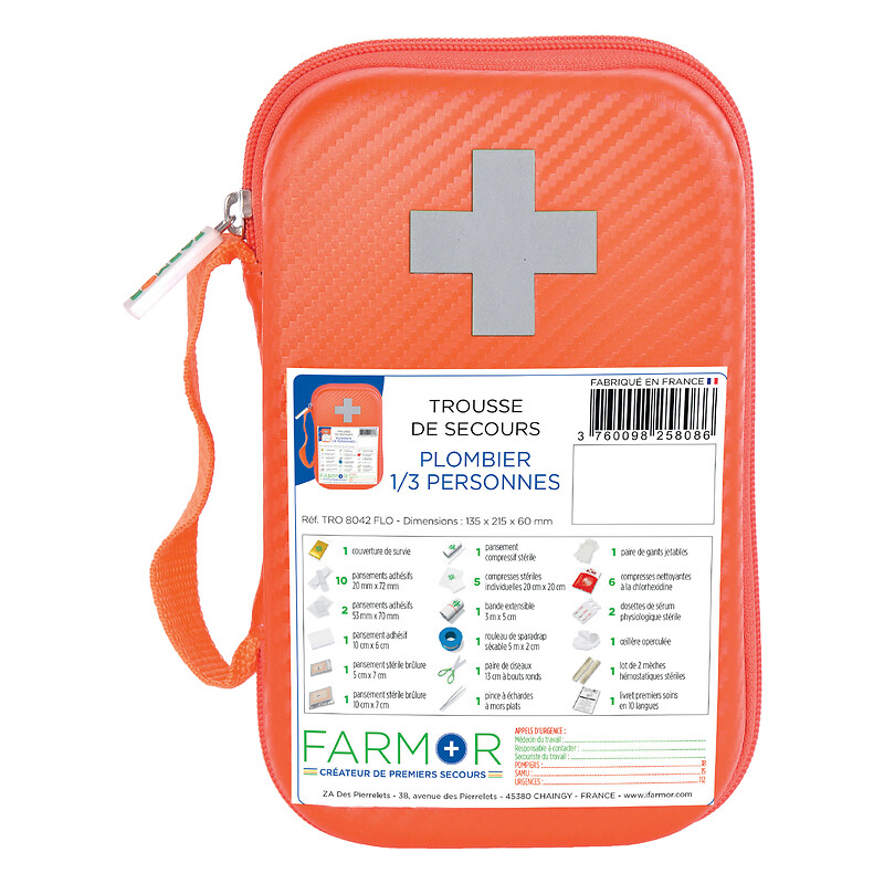 Trousse de secours Plombier 1/3 personnes en EVA Orange Fluo - Farmor - 530776