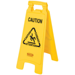 Panneau multilingue « Attention », 2 côtés, 66 cm, jaune - RUBBERMAID - 146442