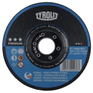 Disque d'ébardage Prémium moyeu déporte utilisation inox Ø 125 épaisseur 7 mm alésage 22,2 mm - TYROLIT - 357441