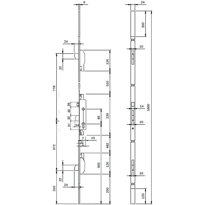 Serrure à larder 3 points à cylindre européen pêne dormant et rouleau tétiêre U de 24 x 6 x 1860 mm axe 35 Electa TF3 - ISEO CITY - 640942