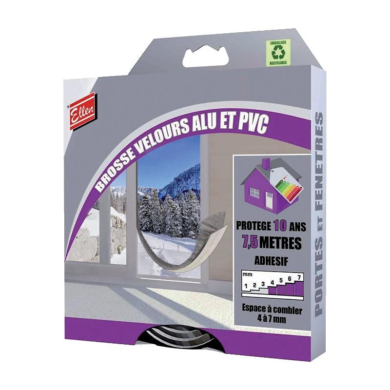 Brosse velours adhésive pour menuiseries PVC et ALU espace 4-7 mm en rouleau de 7.5 ml - ELLEN - 344212 – Image 3