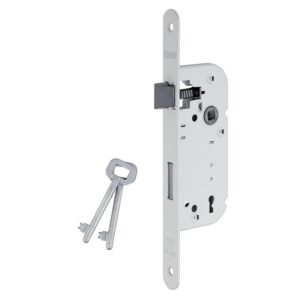 Serrure à larder petit coffre 135mm axe 40 mm pêne dormant et demi tour 3 gorges 2 clés réversible coloris blanc + gâche - THIRARD - 566987