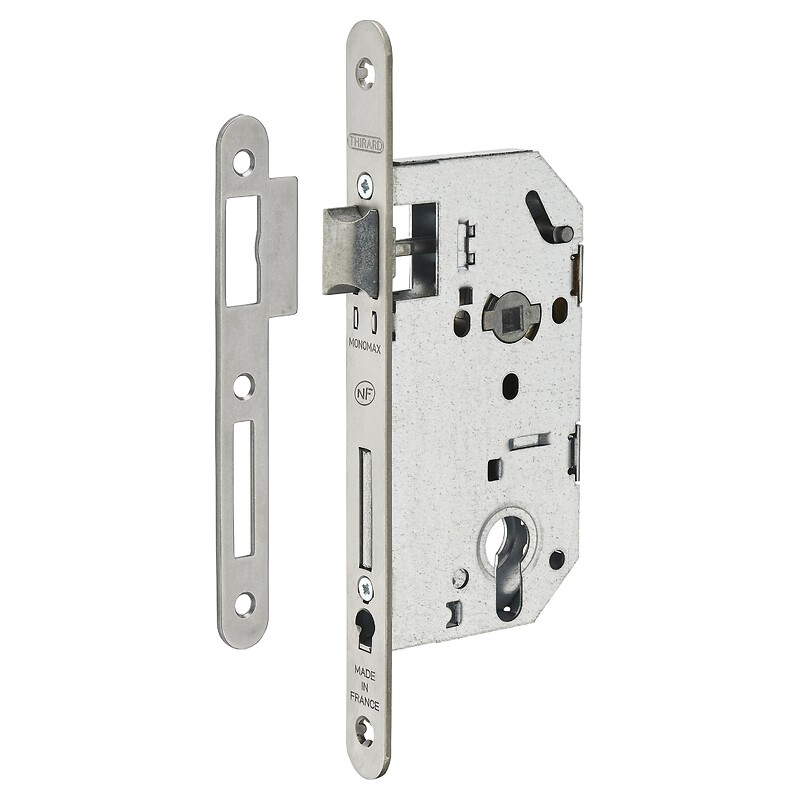 Serrure à larder NF type Monomax axe à 50 mm, fouillot 8 mm, clé I têtière Inox avec gâche - THIRARD - 615609
