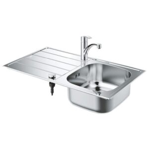 Pack évier Inox K200 860x500 mm 1 cuve + 1 égouttoir avec mitigeur Eurosmart bec bas (33281002) - GROHE - 102300