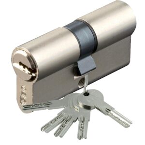 Cylindre type ISR6 sur numéro suivi AGL 697 et AEA016057 laiton nickelé 5 clés 35 x 35 mm - ISEO CITY - 492493