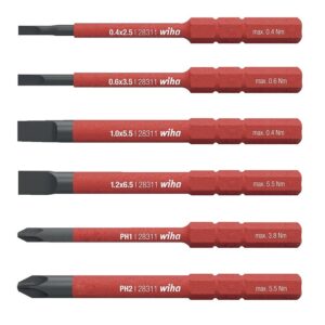 Boite de 6 embouts de vissage slim Fente / PH, isolés 1000V 2,5 - 3,5 - 5,5 - 6,5 - PH1 - PH2 - WIHA - 614538
