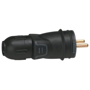 Fiche électrique mâle 2P+T 16A IP44/IK08 caoutchouc à connexion automatique et câble Ø 2,5 mm² - noir - Legrand - 361537