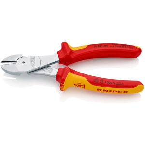 Pince coupante de côté à forte démultiplication longueur 180mm - Gainage bi-matière - Finition chromée - Isolée 1000V - KNIPEX - 186097