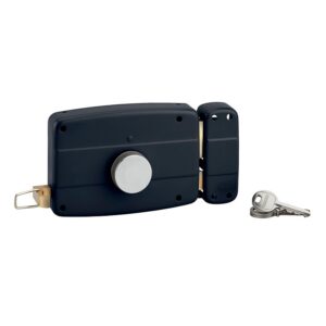 Serrure en applique horizontale à tirage et bouton pour porte de garage, cylindre Ø 25 dépassant de 32 mm 3 clés droite - THIRARD - 567001