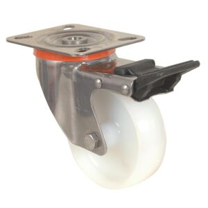 Roulette pivotante à blocage sur platine corps inox charges moyennes Mécaninox, diamètre 100 mm, charge 200 kg - GUITEL HERVIEU - 348174