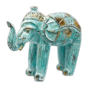 Éléphant sculpté en bois - Or turquoise- Vendu par 1