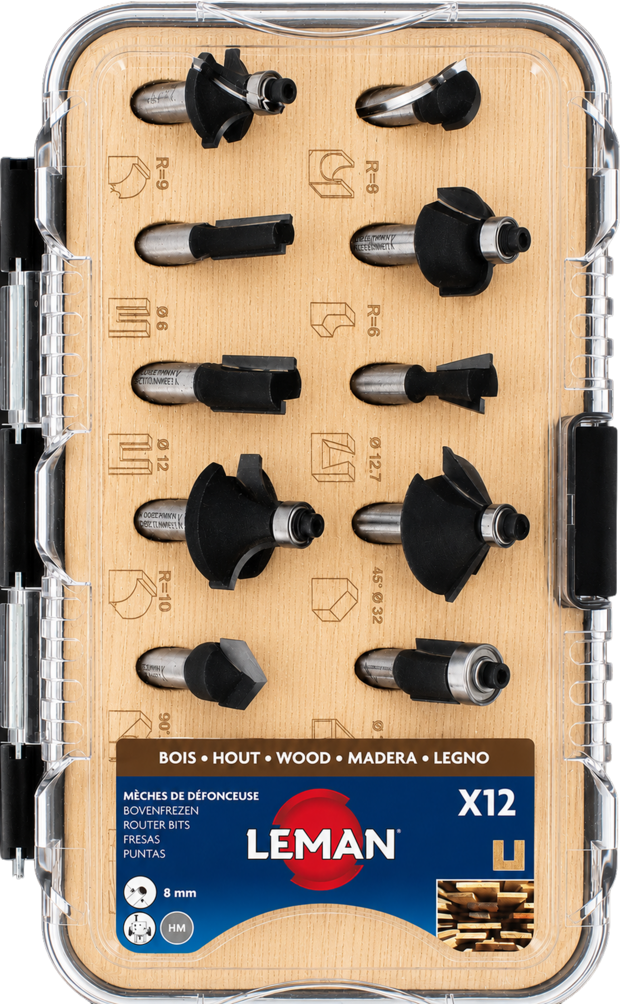 12 MECHES DE DEFONCEUSE CARBURE ASSORTIES Q6MM COFFRET - 416.700.12 - LEMAN