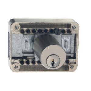 Serrure de meuble monopoint 2828 - axe variable de 15 à 40 mm - coffre 59 x 45 mm - nickelé mat - JUNIE - 231627